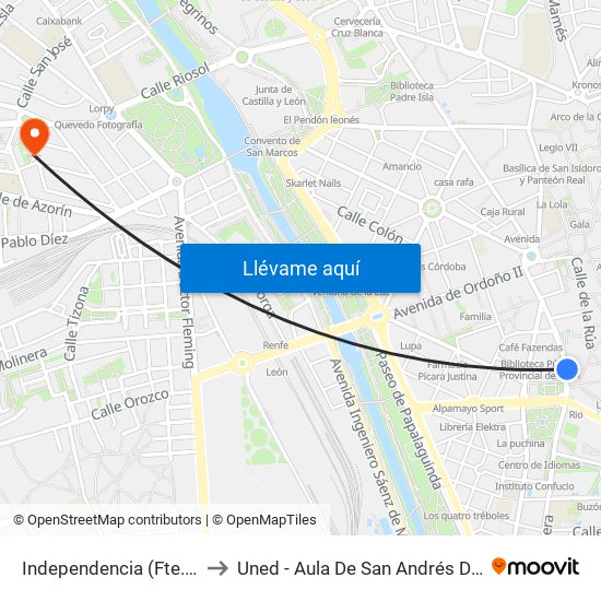 Independencia (Fte. Correos) to Uned - Aula De San Andrés Del Rabanedo map