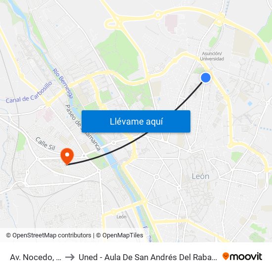 Av. Nocedo, 96 to Uned - Aula De San Andrés Del Rabanedo map