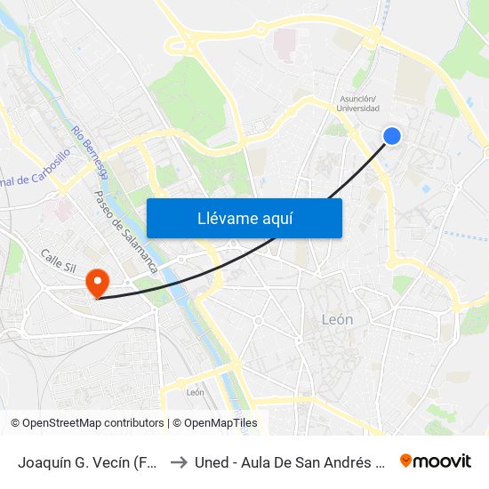 Joaquín G. Vecín (Facultades) to Uned - Aula De San Andrés Del Rabanedo map
