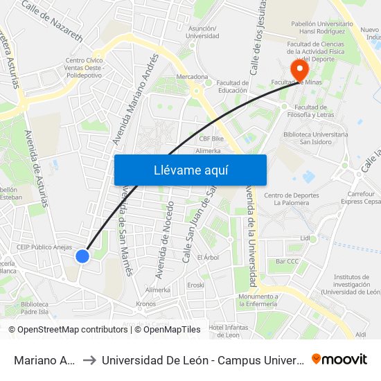 Mariano Andrés, 7 to Universidad De León - Campus Universitario De Vegazanas map