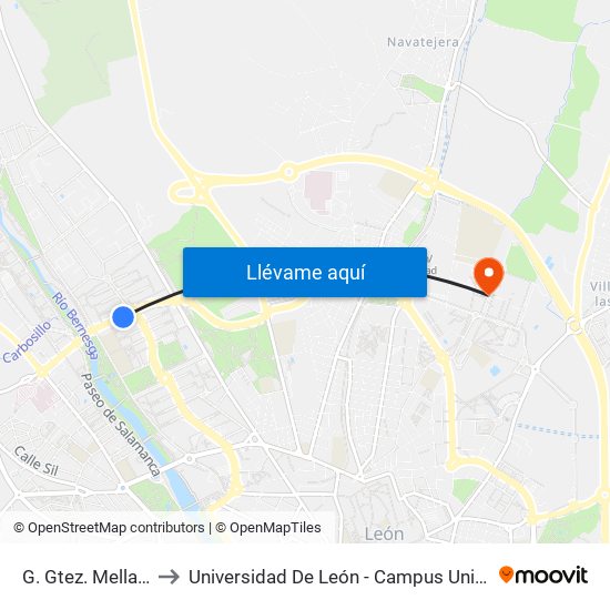 G. Gtez. Mellado (Jardín) to Universidad De León - Campus Universitario De Vegazanas map