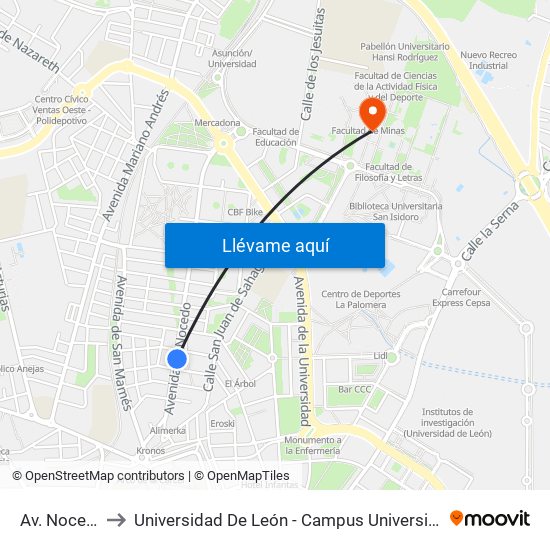 Av. Nocedo, 34 to Universidad De León - Campus Universitario De Vegazanas map