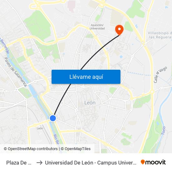 Plaza De Guzmán to Universidad De León - Campus Universitario De Vegazanas map