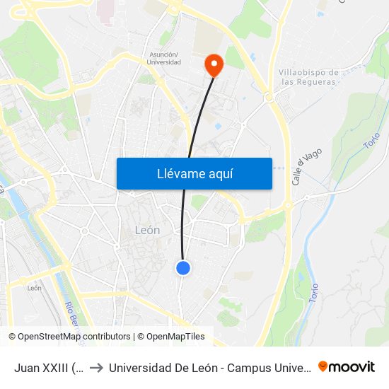 Juan XXIII (Colegio) to Universidad De León - Campus Universitario De Vegazanas map