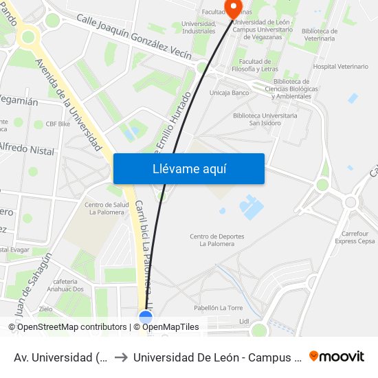 Av. Universidad (Esq. C/ Encinar) to Universidad De León - Campus Universitario De Vegazanas map