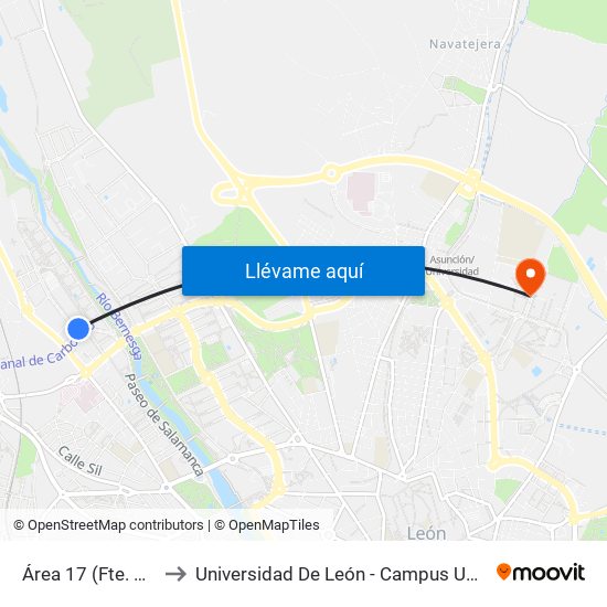Área 17 (Fte. C. Comercial) to Universidad De León - Campus Universitario De Vegazanas map