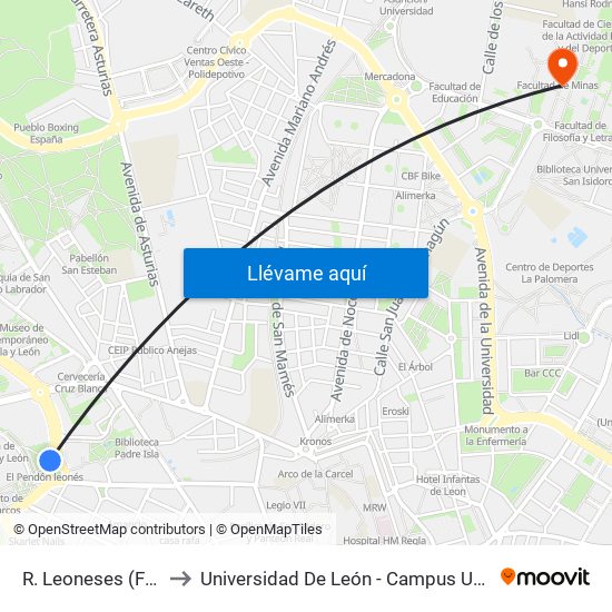 R. Leoneses (Fte. Auditorio) to Universidad De León - Campus Universitario De Vegazanas map