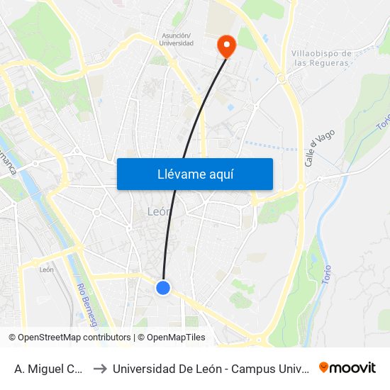 A. Miguel Castaño 20 to Universidad De León - Campus Universitario De Vegazanas map