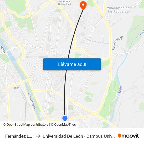 Fernández Ladreda, 20 to Universidad De León - Campus Universitario De Vegazanas map