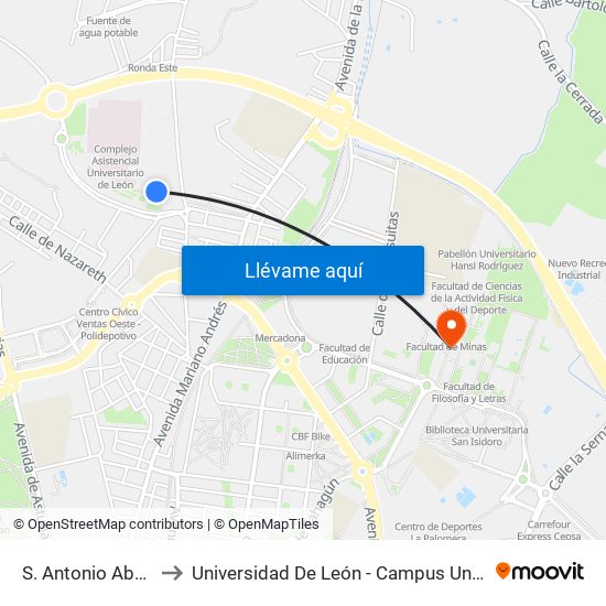 S. Antonio Abad (Entrada) to Universidad De León - Campus Universitario De Vegazanas map