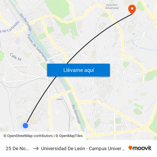 25 De Noviembre to Universidad De León - Campus Universitario De Vegazanas map