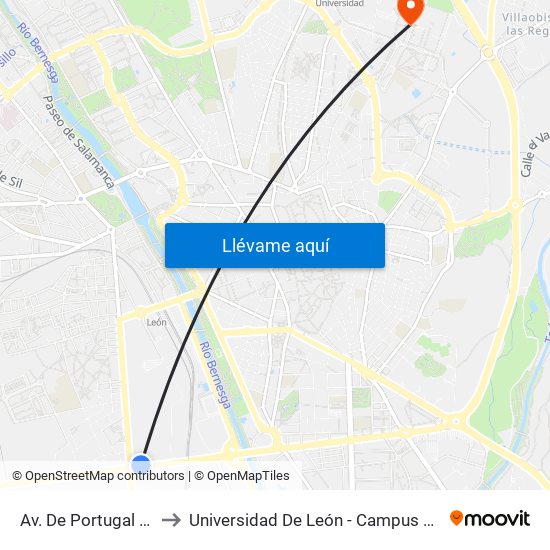 Av. De Portugal (Rad. Palacios) to Universidad De León - Campus Universitario De Vegazanas map