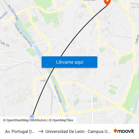 Av. Portugal (Inst. Seg. Hig.) to Universidad De León - Campus Universitario De Vegazanas map