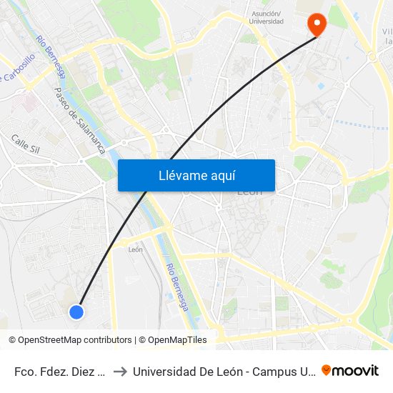 Fco. Fdez. Diez (Fte. Instituto) to Universidad De León - Campus Universitario De Vegazanas map