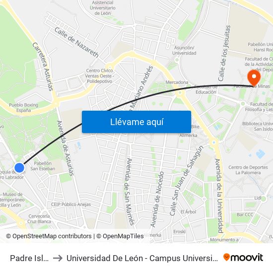 Padre Isla, 132 to Universidad De León - Campus Universitario De Vegazanas map