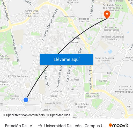 Estación De León - Matallana to Universidad De León - Campus Universitario De Vegazanas map