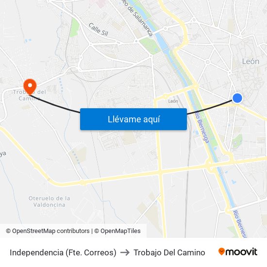 Independencia (Fte. Correos) to Trobajo Del Camino map