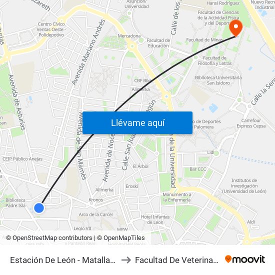 Estación De León - Matallana to Facultad De Veterinaria map