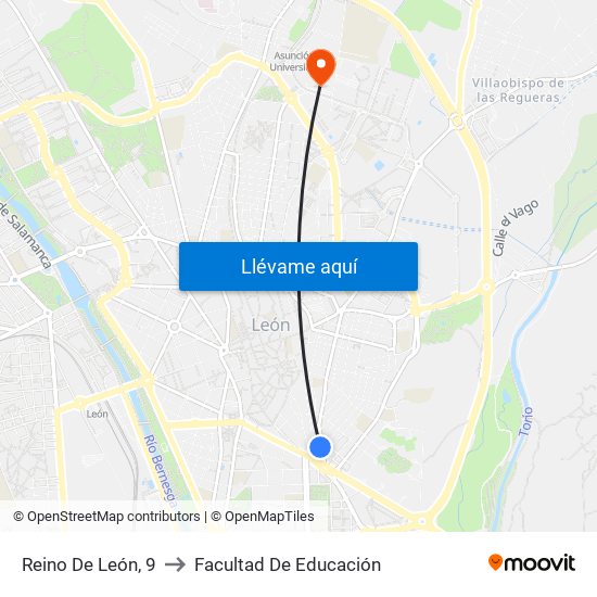 Reino De León, 9 to Facultad De Educación map