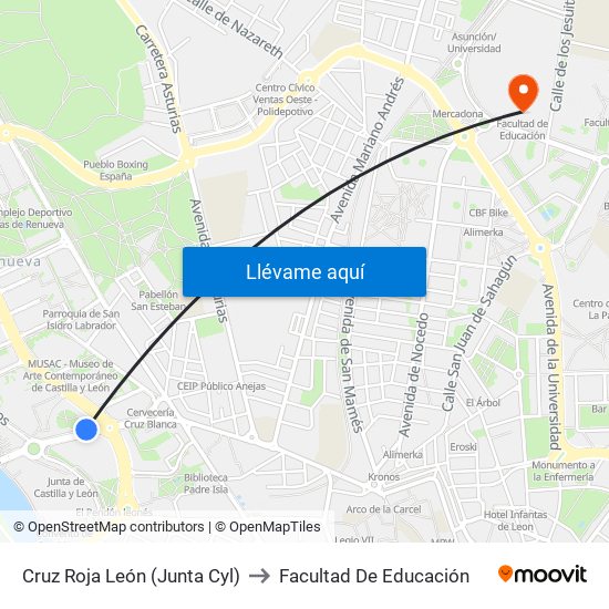 Cruz Roja León (Junta Cyl) to Facultad De Educación map