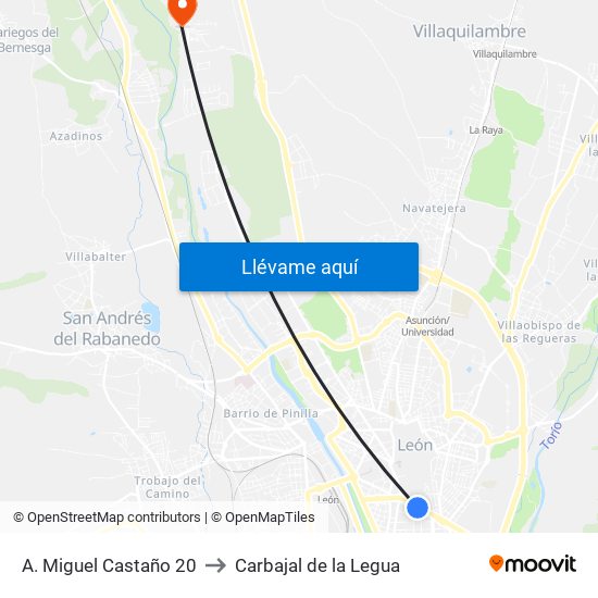 A. Miguel Castaño 20 to Carbajal de la Legua map