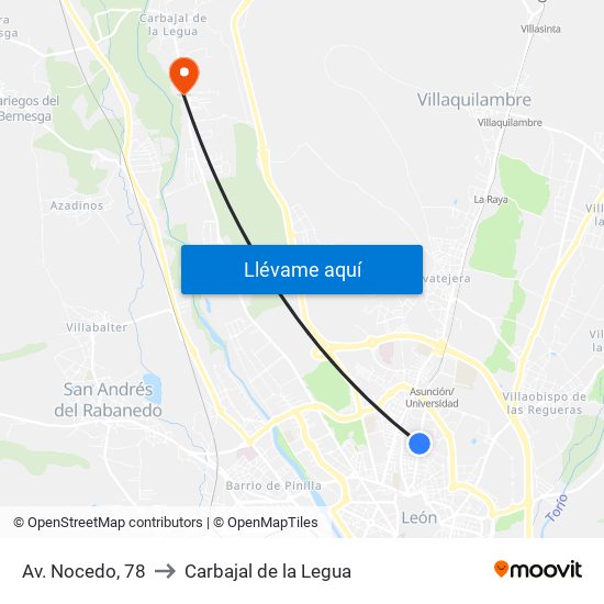 Av. Nocedo, 78 to Carbajal de la Legua map