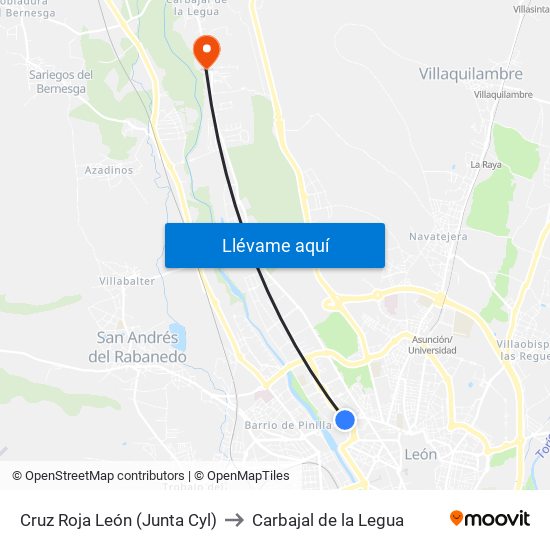 Cruz Roja León (Junta Cyl) to Carbajal de la Legua map