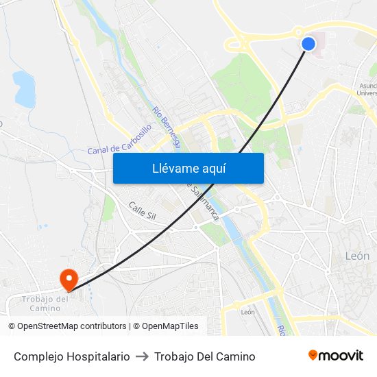 Complejo Hospitalario to Trobajo Del Camino map