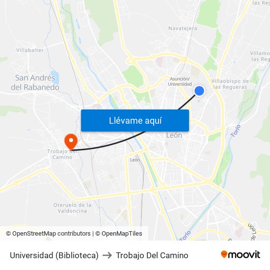 Universidad (Biblioteca) to Trobajo Del Camino map