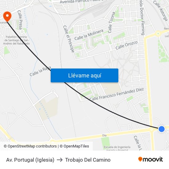 Av. Portugal (Iglesia) to Trobajo Del Camino map