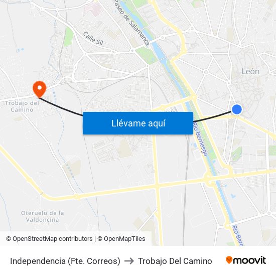 Independencia (Fte. Correos) to Trobajo Del Camino map