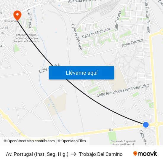 Av. Portugal (Inst. Seg. Hig.) to Trobajo Del Camino map