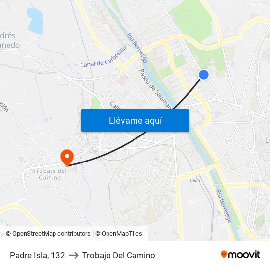 Padre Isla, 132 to Trobajo Del Camino map