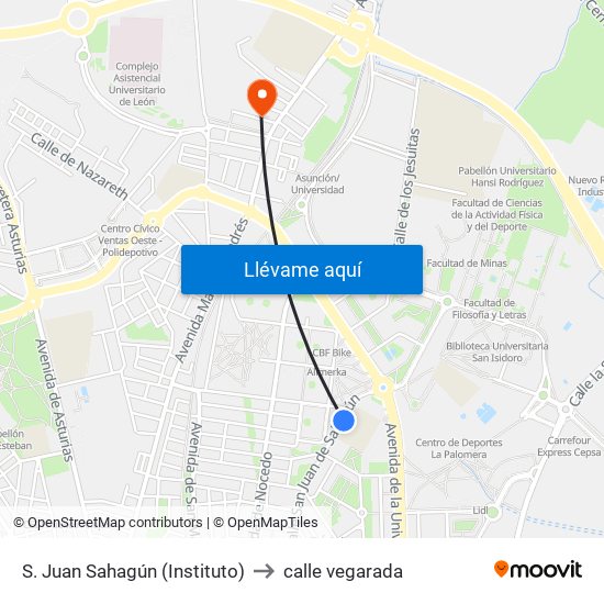 S. Juan Sahagún (Instituto) to calle vegarada map