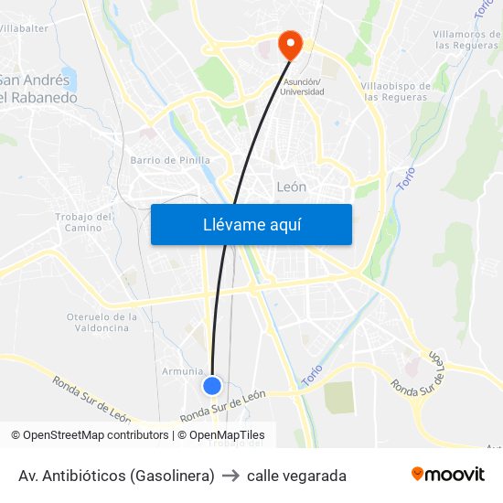 Av. Antibióticos (Gasolinera) to calle vegarada map