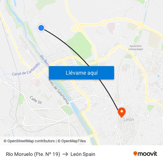 Río Moruelo (Fte. Nº 19) to León Spain map