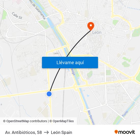 Av. Antibióticos, 58 to León Spain map