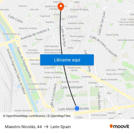 Maestro Nicolás, 44 to León Spain map