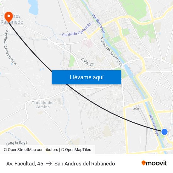 Av. Facultad, 45 to San Andrés del Rabanedo map