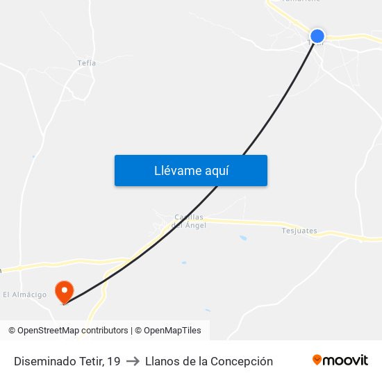 Diseminado Tetir, 19 to Llanos de la Concepción map