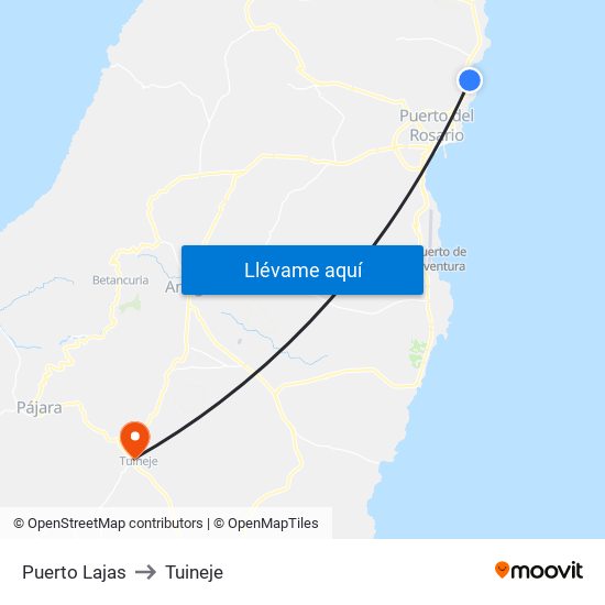 Puerto Lajas to Tuineje map