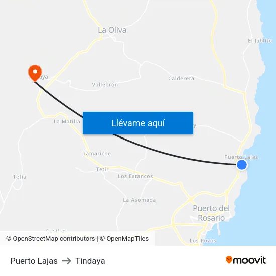 Puerto Lajas to Tindaya map