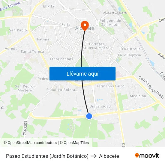 Paseo Estudiantes (Jardín Botánico) to Albacete map