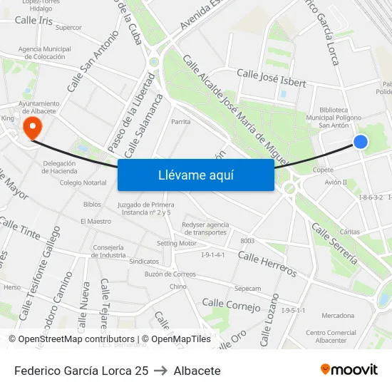 Federico García Lorca 25 to Albacete map