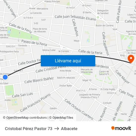 Cristobal Pérez Pastor 73 to Albacete map