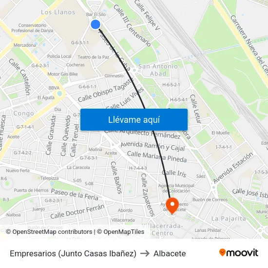 Empresarios (Junto Casas Ibañez) to Albacete map