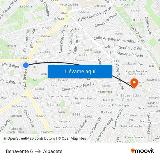 Benavente 6 to Albacete map