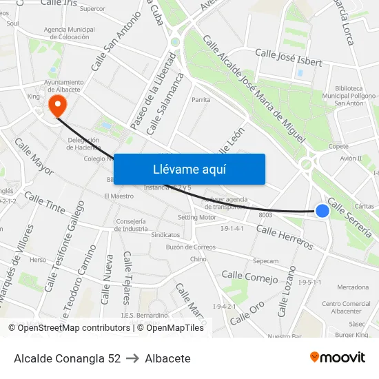 Alcalde Conangla 52 to Albacete map