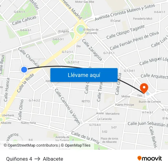 Quiñones 4 to Albacete map