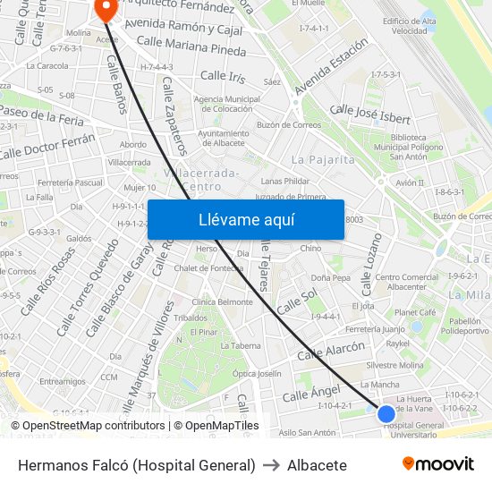 Hermanos Falcó (Hospital General) to Albacete map